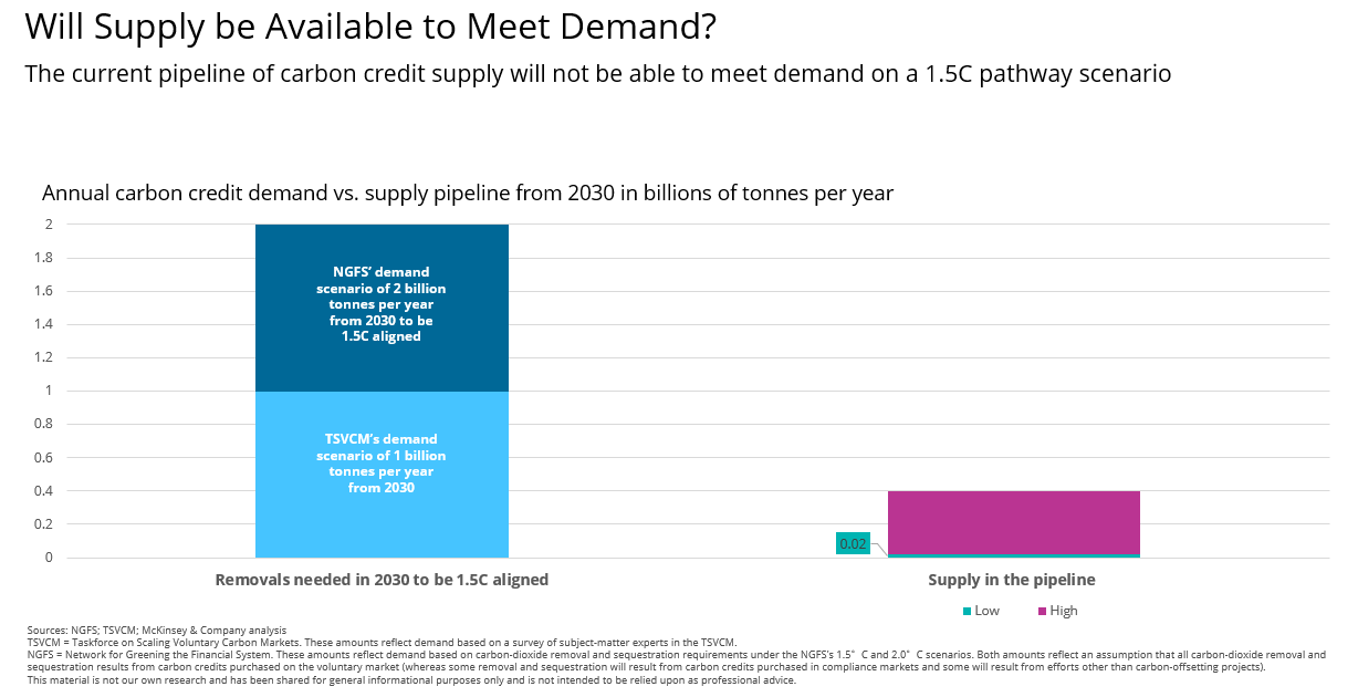 Sources: NGFS; TSVCM; McKinsey & Company analysis TSVCM = Taskforce on Scaling Voluntary Carbon Markets. These amounts reflect demand based on a survey of subject-matter experts in the TSVCM. NGFS = Network for Greening the Financial System. These amounts